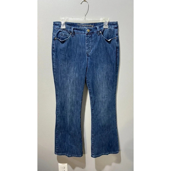 Soft Surroundings Womens Blue Distressed Denim Lean Flare Jeans M 33x29 Mid Ris - Picture 4 of 13